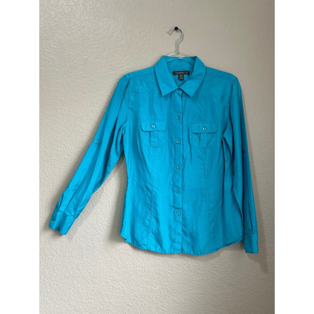 Tommy Bahama Small Blue teal Silk Button Roll Tab Shirt Glam Resort Mermaid